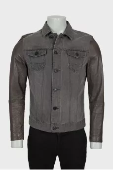 Men's denim jacket with leather sleeves