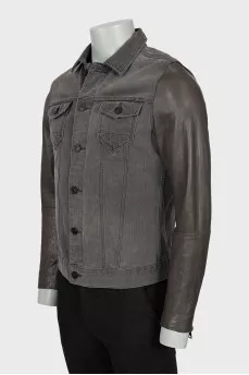 Men's denim jacket with leather sleeves
