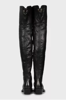 Leather over the knee boots with a beveled heel