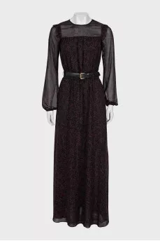 Mesh dress with belt in print