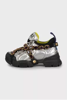 Leather sneakers decorated with crystals