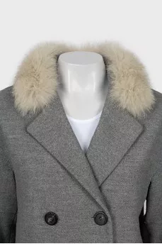 Double-breasted half-coat with removable fur