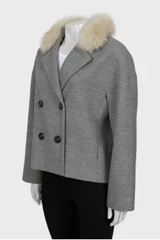 Double-breasted half-coat with removable fur