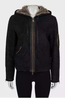Black sheepskin coat with patch pockets