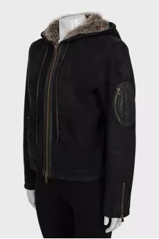 Black sheepskin coat with patch pockets