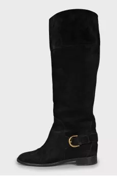 Suede boots with gold buckles