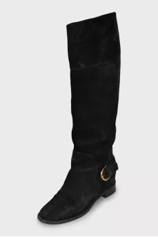 Suede boots with gold buckles