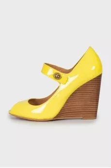 Yellow patent leather wedge sandals