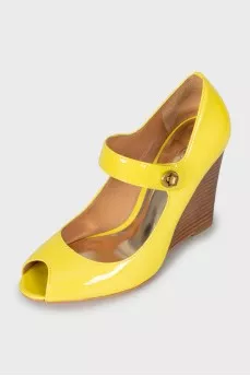 Yellow patent leather wedge sandals