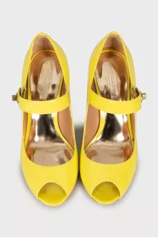 Yellow patent leather wedge sandals