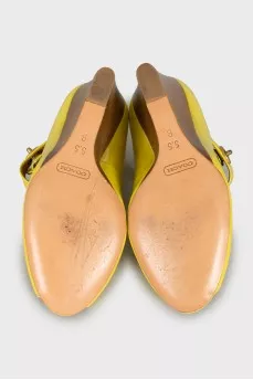 Yellow patent leather wedge sandals