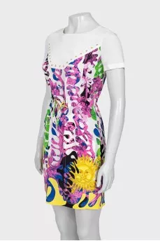 Silk dress with print and eyelet