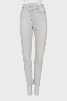 Grey jeans with asymmetrical waistband