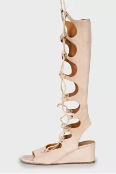 Suede high lace-up sandals
