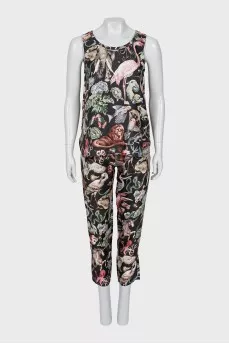 Silk suit with printed trousers