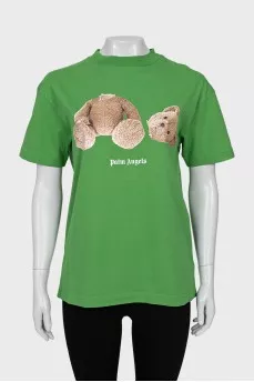 Green straight cut t-shirt with print