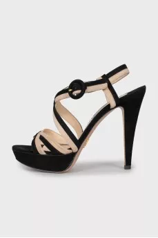 Black and beige suede sandals