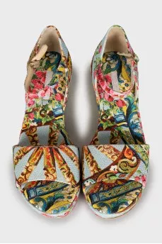 Textile wedge sandals with print