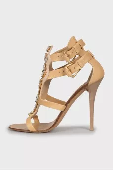 Leather crystal heeled sandals