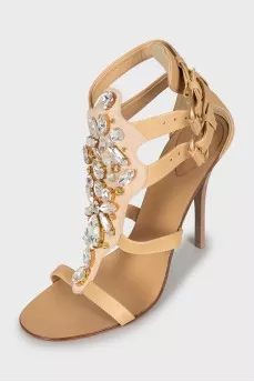 Leather crystal heeled sandals