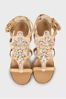Leather crystal heeled sandals
