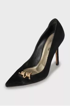 Suede pumps with gold decor