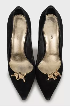 Suede pumps with gold decor