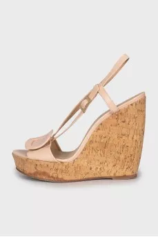 Beige leather wedge sandals