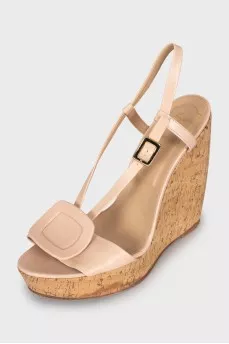 Beige leather wedge sandals