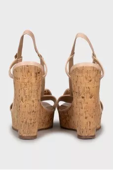 Beige leather wedge sandals