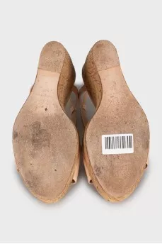 Beige leather wedge sandals