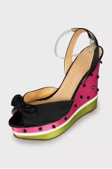 Textile wedge sandals with rhinestones