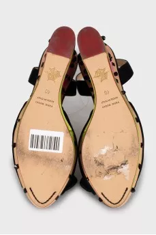 Textile wedge sandals with rhinestones