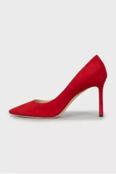 Red suede pumps