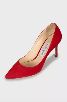 Red suede pumps