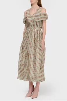 Dress in a diagonal strip with open shoulders with a tag