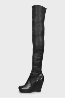 Leather wedge over-the-knee boots