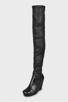 Leather wedge over-the-knee boots
