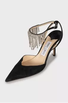 Suede slingbacks with rhinestones