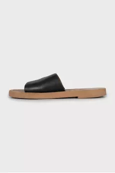 Black flip flops with leather upper