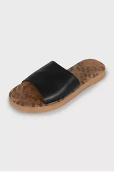 Black flip flops with leather upper