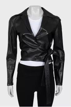 Leather jacket with button and ties