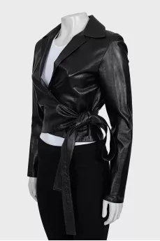 Leather jacket with button and ties