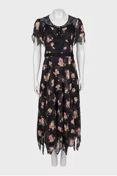 Silk dress with floral print and lace