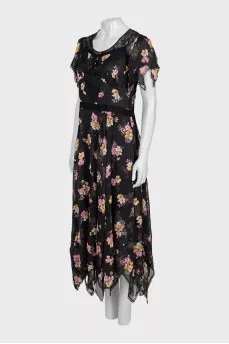 Silk dress with floral print and lace
