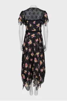 Silk dress with floral print and lace