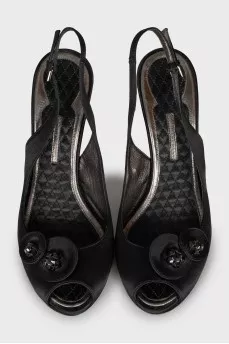 Textile sandals with black crystals