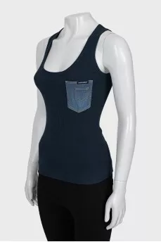 Ribbed tank top with patch pocket