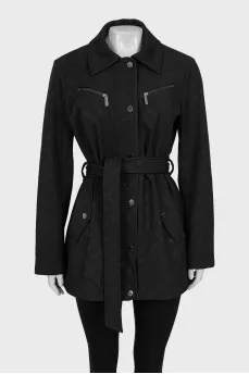 Jacket with a belt, buttons and a zipper