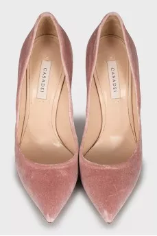 Velvet pumps with metallic heels
